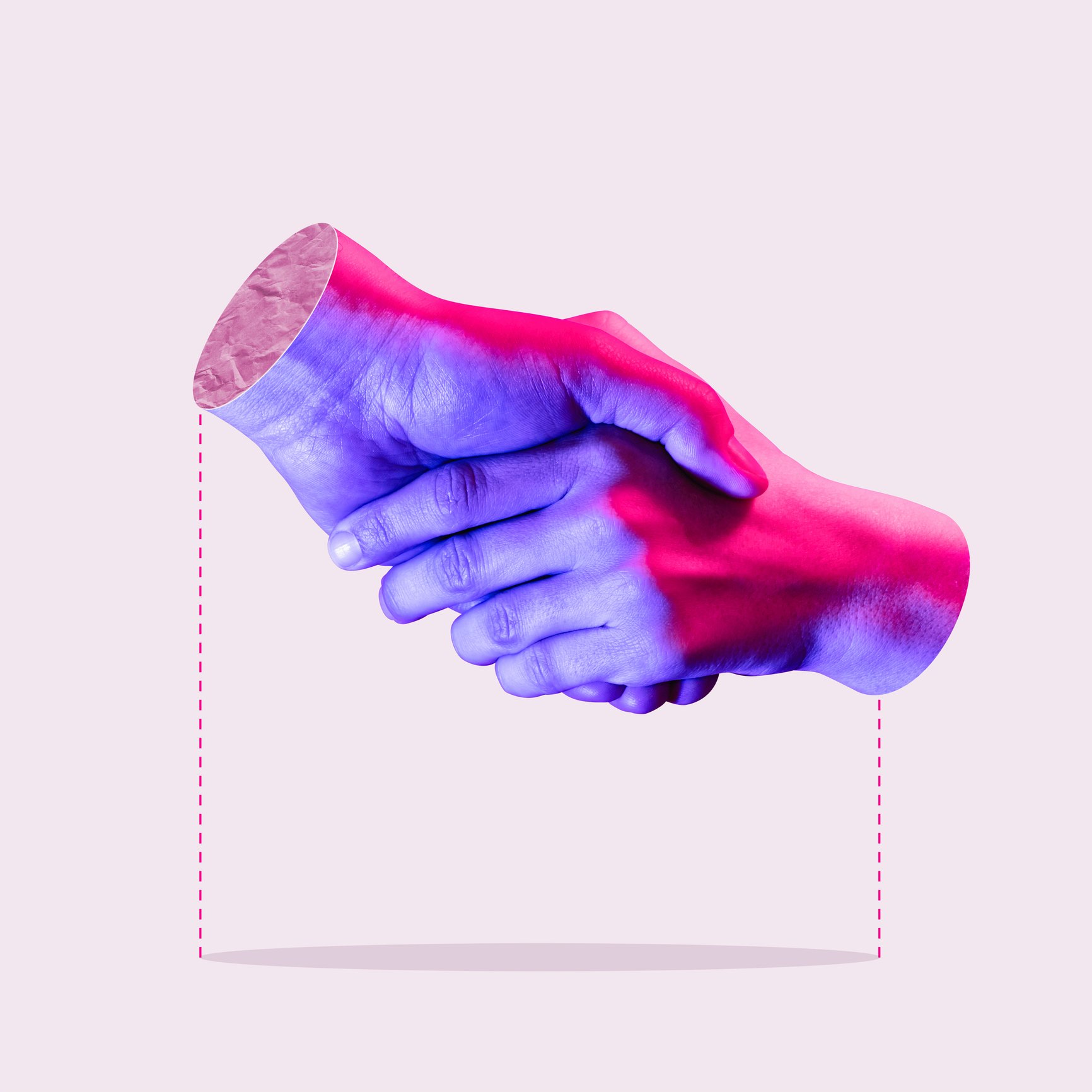 Graphic of two hands shaking under a red and purple light