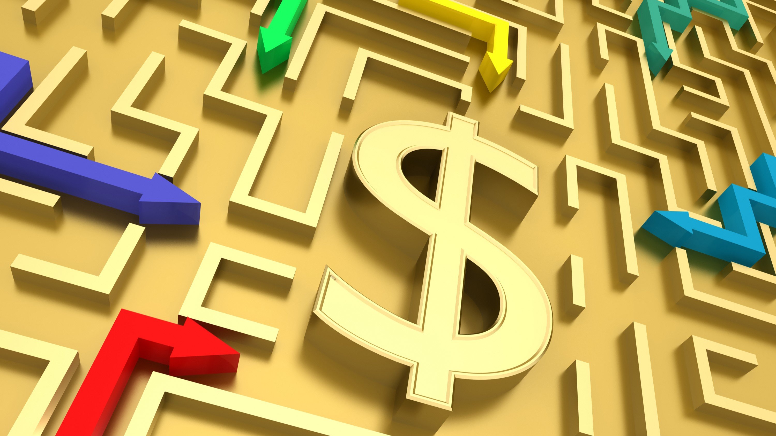 dollar sign with colored arrows in a maze